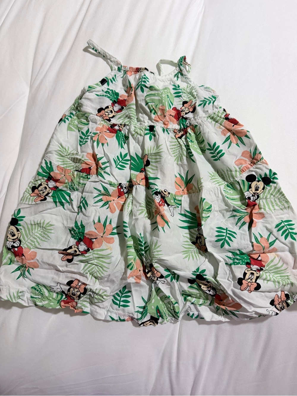 Disney White Tropical Minnie Mouse Sundress with Green and Peach Floral Print